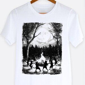 Halloween Cats Dancing Around Campfire Graphic Tee